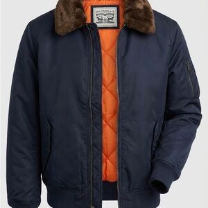 Levi's Men's Dark Blue Bomber Jacket with Brown Collar